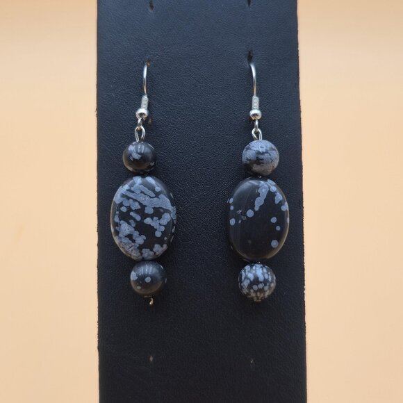Jewelry - Silver Plated Over Copper Snowflake Obsidian Stone Vintage Earrings A5983
